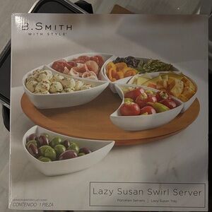 SMITH White Porcelain Lazy Susan with Wooden Base